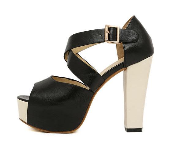 Thick Heel Black & Cream High Heel Shoes