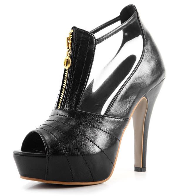 Front Zip Black High Heel Shoes