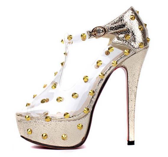 Gold Stud Silver High Heel Shoes