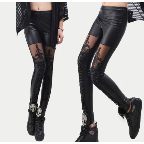 Women Lace-up Faux Pu Leather Lace Leggings Tights